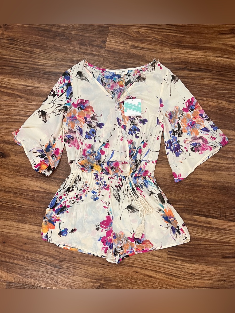Umgee Cream Floral V-Neck Tie-Waist Romper with Multicolor Blooms